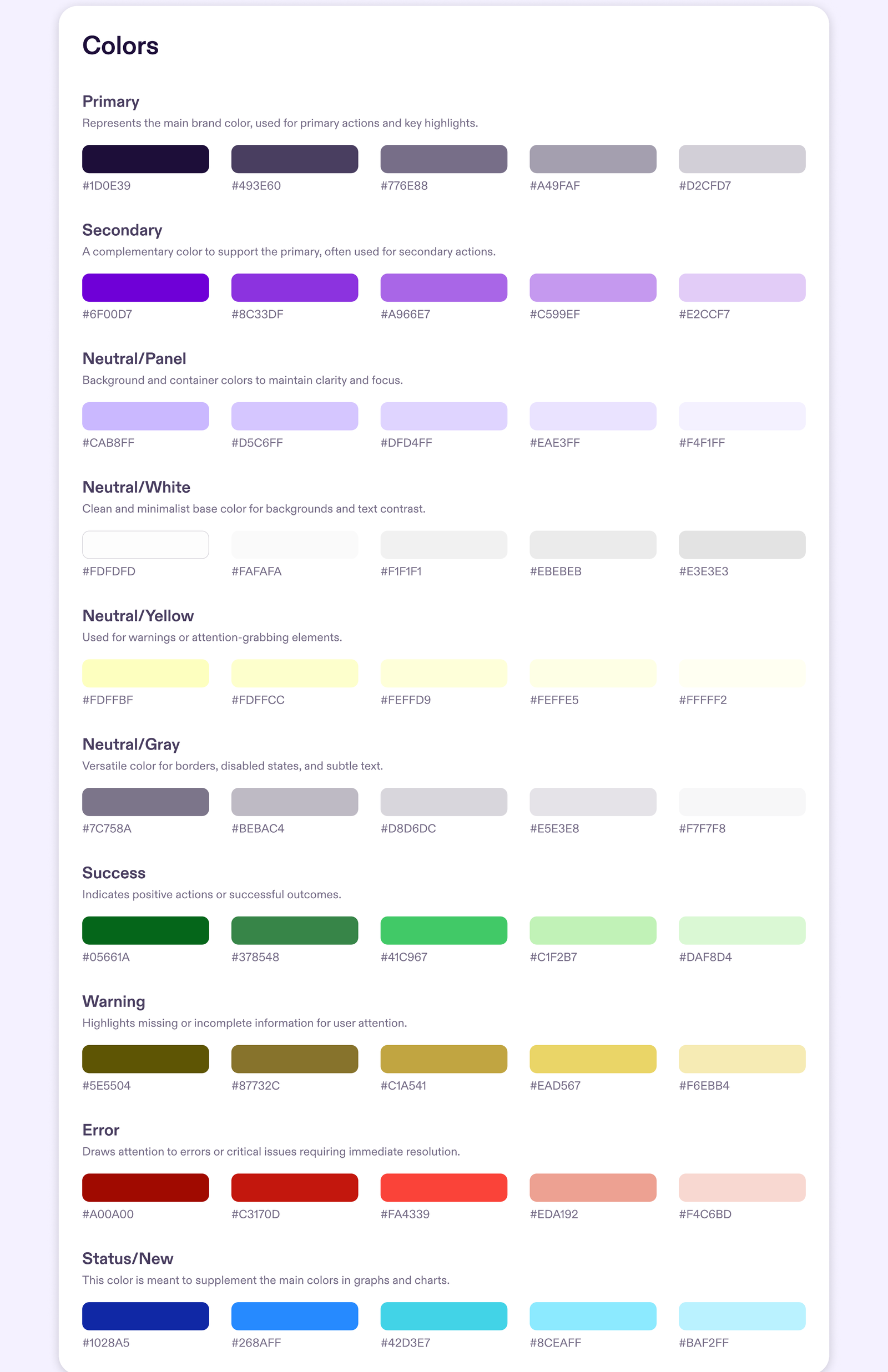Color palettes with five tints each, grouped by role