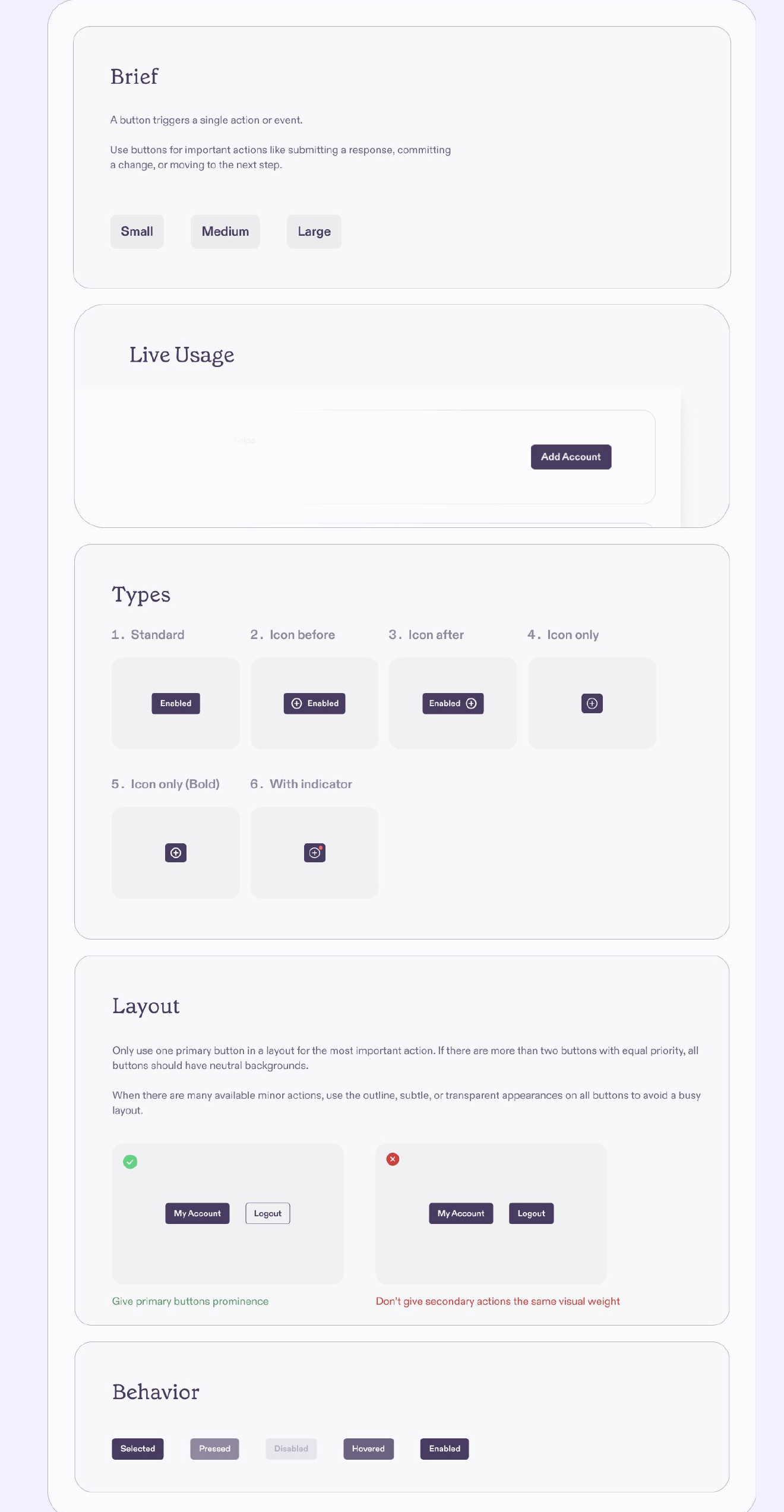 Button guideline with brief, live usage, types, layout do’s and don’ts, and behavior