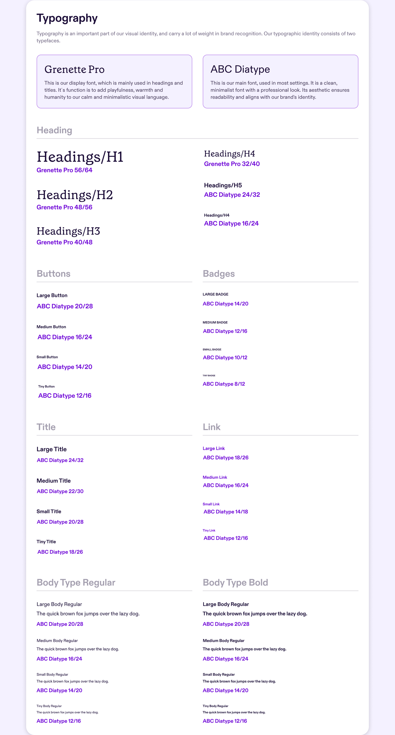 Type scale for headings, buttons, badges, titles, links, and body text